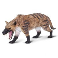 Size and Color: This figure is 6 ¾ inches long and 3 inches tall, or a bit larger than a soda can on its side. Its coat is brown above, fading to white below, with black stripes on its back, tail and legs. Its muzzle and feet are also black, and the inside of its wide open mouth is pink.