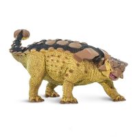 Ankylosaurus is 7 1/2 inches long and 2 ½ inches high to the tip of his raised tail. It’s a bit longer than a soda can on its side, and about as wide. Its back features brown dermal plates on a darker brown upper body, with a light yellowish-brown below.