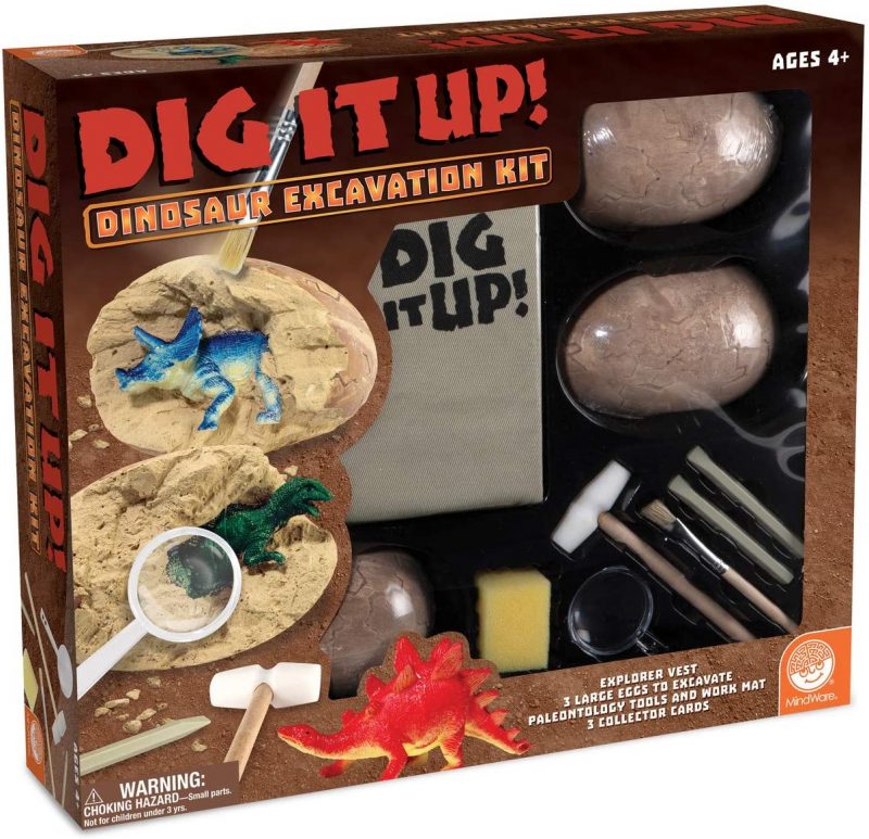 MindWare Dig It Up! Dinosaur Excavation Kit – Discovery Gift kit for Kids – Learn About Dinosaurs! – 3 Large Dino Digs with Explorer Vest, 5 Realistic Tools, Clean-up mat & Educational Fun-fact Cards