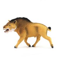 The Daeodon figure measures 5 ¼ inches long and 3 ¼ inches tall, or a little bigger than an index card. Its mane, hooves and tail tip are dark brown, and its color fades from brown above to a lighter brown below. Its chin is white, and its fearsome teeth are off-white in its open pink mouth.