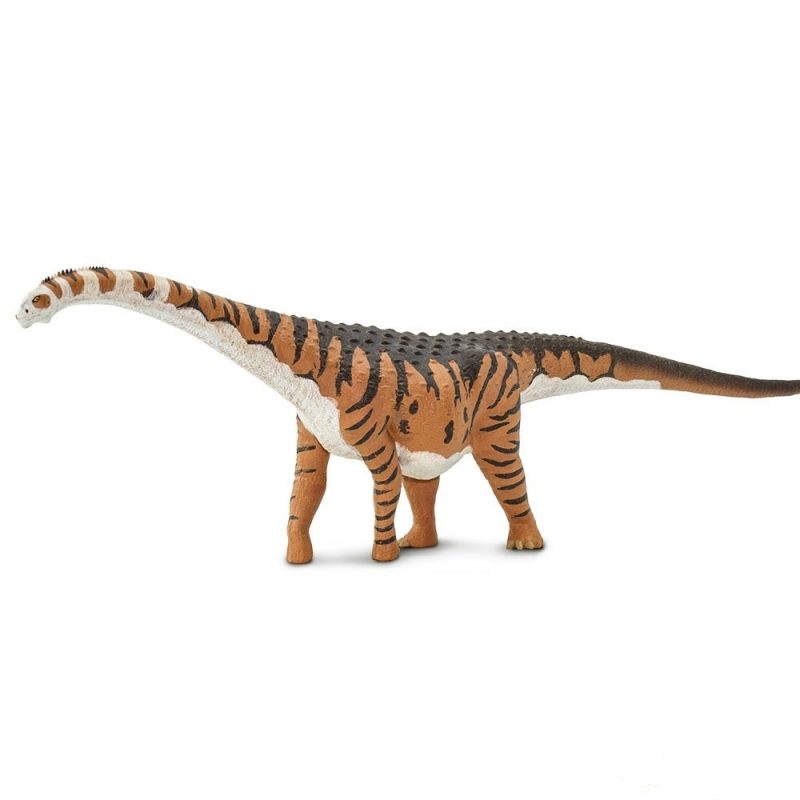 Size and Color: The Malawisaurus figure isn’t nearly as large as the real thing, but it’s still no slouch at 14 inches long and 4 inches high. It's a bit longer than a standard American ruler and a bit taller than a credit card on its side. The main color pattern of the figure is a muted orange with brown tiger-like stripes, with a white underside and face.