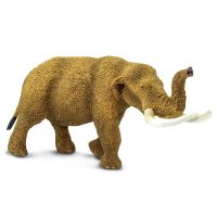 American mastodon figure measures 8 inches long and 4 ½ inches tall to the tip of its raised trunk. Its fur is a light brown, with darker brown for the tip of its tail and features light cream-colored tusks.