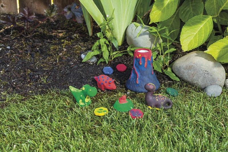 Paint your own land before time with this set of ceramic figures including a VOLCANO. Six paint pots and paint brush included. Ten assorted figurines measure 1¾” to 3 ¾”. Display in your garden For a unique touch. Recommended for age 5 years and up.