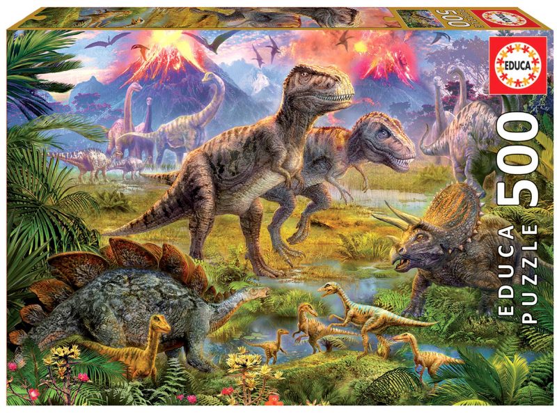 Impressive 500 piece puzzle from the renowned puzzle company Educa Borràs. Featuring a dazzling illustration of Tyrannosaurus Rex and other much loved dinosaurs!