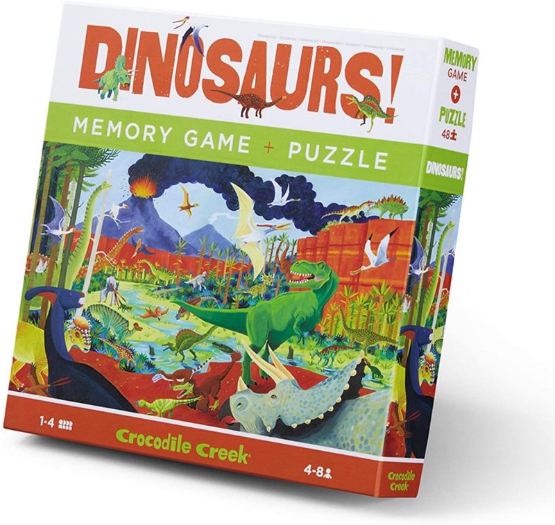 DOUBLE THE FUN! A boxed playset that includes two great products: a beautifully illustrated challenging and fun 48- piece dinosaur puzzle and a challenging 24-piece dinosaur memory game that is perfect for individual or group play. KIDS LOVE DINOSAURS – Dinosaurs capture the imagination of kids of all ages! Our playset includes a challenging dinosaur puzzle and a dinosaur version of the ever popular game of memory.