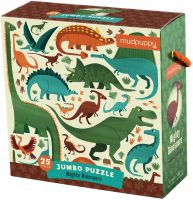 Piece together your favorite prehistoric creatures with Mudpuppy 's Mighty Dinosaurs Jumbo Puzzle. Discover dinosaurs of every shape and size as you assemble the 25 oversized and durable puzzle pieces. - 25 jumbo pieces - Packaged in a sturdy box w/ colorful rope handle - Puzzle: 22 x 22", 56 x 56cm - Box: 9 x 9 x 3.5", 23 x 23 x 9cm - Puzzle greyboard contains 90% recycled paper. Packaging contains 70% recycled paper. Printed with nontoxic, soy-based inks. - Ages 2+ - All Mudpuppy products adhere to CPSIA, ASTM, and CE Safety Regulations