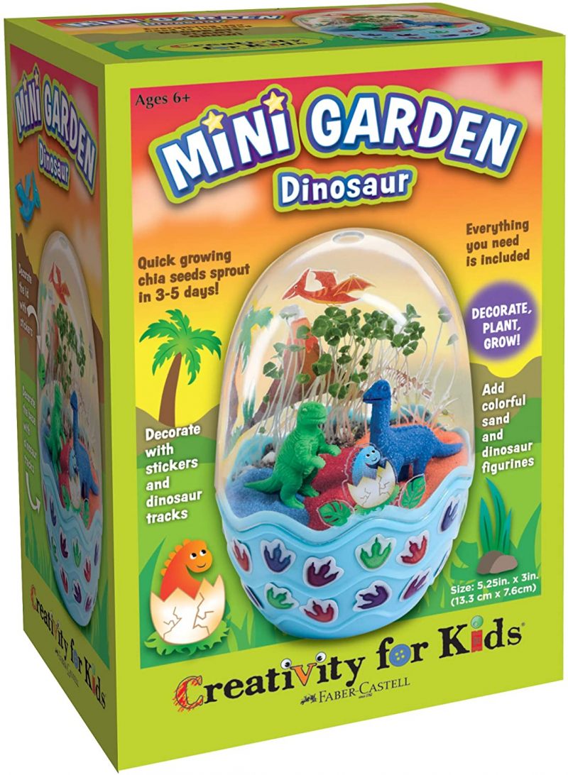 MINI TERRARIUM FOR KIDS - Decorate, plant and grow your own mini terrarium in a dinosaur egg-shaped environment. Quick grow seeds and fun dinosaur decorations bring your habitat to life (Completed garden measures 5 ¼” h x 3” w. ) COMPLETE KIDS GARDENING KIT – Everything you need to grow your own mini dinosaur garden is included, just add water! Gardening kit includes potting mix, quick growing chia seeds, dino themed stickers, dimensional accents, fun mini figures and decorative colored sand QUICK GROW GARDEN KIT – Easy indoor gardening with great results! Our to grow terrarium kit for kids means a green thumb for all! Included chia seeds sprout within 3-5 days of planting for immediate results FUN WHILE LEARNING – Explore the wonder of nature and science with a mini terrarium. This STEAM science activity is fun to do with a unique learning experience. Spark curiosity, inspire creativity and intrigue about prehistoric times while creating a dinosaur egg terrarium BUILD CREATIVE CONFIDENCE – Growing a garden is a creative activity that encourages independent play and creative confidence while developing nurturing skills, responsibility and patience