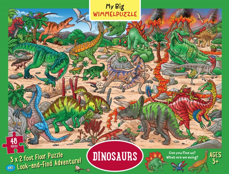 From the My Big Wimmelbook® series, these action-packed floor puzzles will keep little ones captivated as they seek out the characters hidden in each scene, each one busy doing something. Can you spot Annie the Ankylosaurus? What is she doing? Why is Tyke the Tyrannosaurus scared? And what happened to Baby Goog the Carnotarus? Just like their oversize board-book counterparts, My Big Wimmelpuzzles encourage kids to be storytellers and use their imagination to describe what’s happening in every scene. It’s a puzzle, adventure in hands-on learning, and literacy building tool–all in one! Featuring: 48 easy-clean, easy-grasp pieces Finished puzzle measures 3 x 2 feet Meets CPSIA and ASTM F963 safety requirements Printed with non-toxic ink