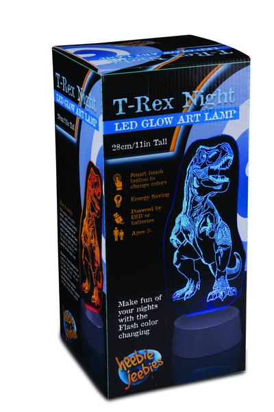 Heebie Jeebies Tyrannosaurus LED Glow Art Lamp is a modern and stylish LED glow art lamp featuring the king of the prehistoric world, the Tyrannosaurus Rex. Light up your room with the cool clear acrylic T-Rex. With multi-color modes, watch it shift colors at the press of a button. The Tyrannosaurus LED Glow Art Lamp is a great gift to spark the imagination of little and big kids alike. New 2018 Stands 11 inches (28 cm) tall Touch sensitive color change Powered by USB or batteries (3 x AA batteries not included)