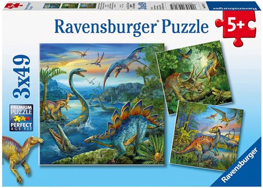 Ravensburger 09317, Dinosaur Fashion 3 x 49 Piece Puzzles in a Box, 3 x 49 Piece Puzzles for Kids