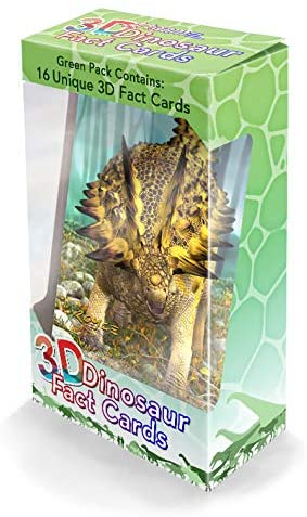 16 unique 3D Dinosaur cards - Made out of sturdy plastic 3D Image on the front, facts on the back of each card Green Pack Includes - Aquilops - Nasutoceratops - Baryonyx - Pteranodon - Cryolophosaurus - Rinchenia - Edmontosaurus - Saltasaurus - Gastonia - Sinosauropteryx - Iguanodon - Stegosaurus - Liopleurodon - Troodon - Mammoth - Tyrannosaurus Three dimensional - LOOKS REAL ! Keeps kids engaged in learning. Each card Measures 3" x 5" inches