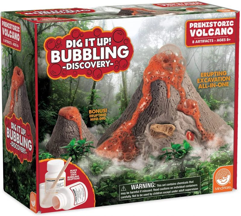 Featuring two ways to explore in one dynamic kit, this volcano surprise will have young scientists bursting with excitement! First, set the pieces in the tray of water to make the volcano erupt and sit back to enjoy the show. Then get to work digging out all the fascinating artifacts unearthed by the eruption, just like in real life. Dinosaur fossils…gems…what will you discover?Download InstructionsAge Recommendation: Ages 8 and up