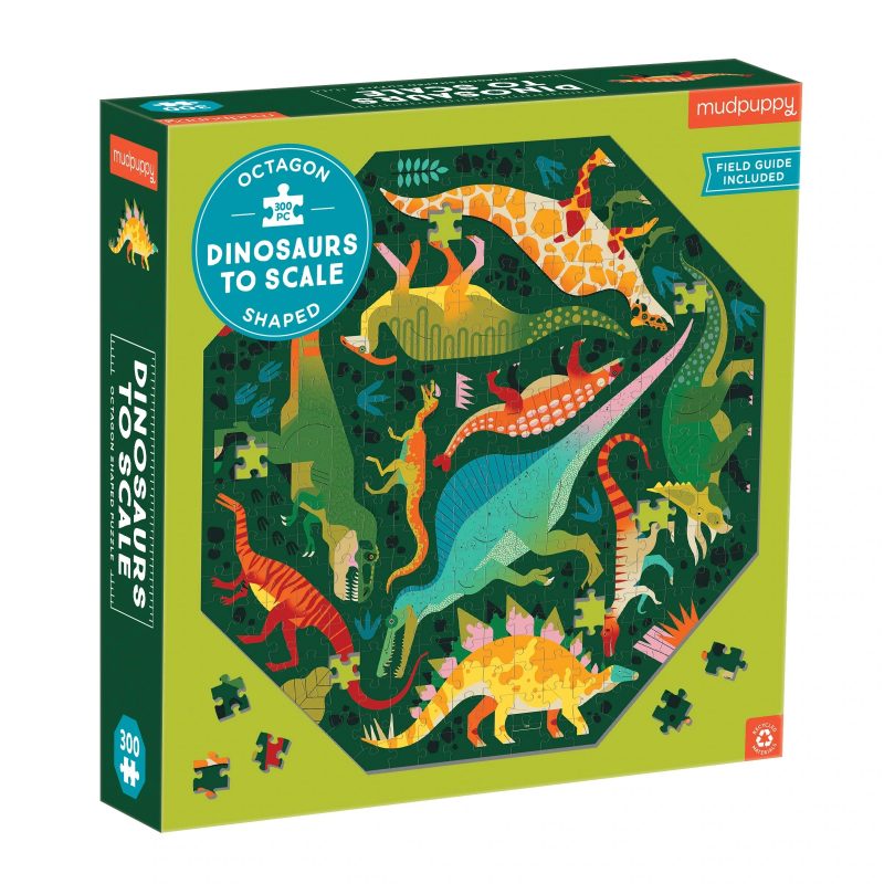 Dinosaurs to Scale 300 Piece Octagon Shaped Puzzle from Mudpuppy features bold artwork of your favorite dinosaurs such as the T-Rex and Stegosaurus in a unique puzzle shape. Multi-directional artwork can be pieced together from any side, creating a wonderful family or group activity.