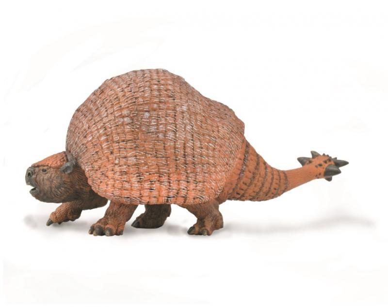 Doedicurus: The South American, heavily armoured herbivorous glyptodont, Doedicurus, that lived during the Pleistocene and Holocene periods 2 million to 8,000–7,000 years ago joins the Prehistoric Animal series. The animal was related to present day armadillos, sloths and anteaters and had an average overall length of around 3.6 m (12 ft). It had an unusually shaped shell and a bone club-tail that may have been used in trials between males or defense against predators such as Smilodon.