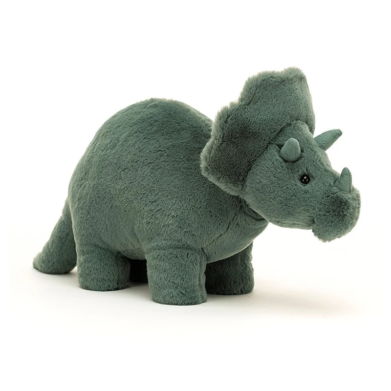 You always know when Fossilly Triceratops is coming - the ground starts to wibble and wobble! This snuggly pal has soft teal fur, three squidgy snoot spikes and a very fine frill, not to mention a lovely long tail!