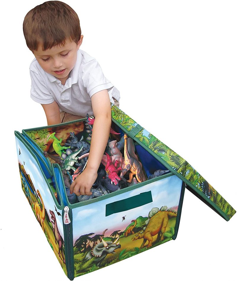AWARD WINNER Oppenheim Gold Seal Award 2015 CONVERTIBLE TOY BOX zips opens to reveal vibrant, pre-historic graphic on play mat; then zips back up for strong, study, stackable storage CONVENIENT size (8”x 13.5” x12”) fitting easily into corners or closets ENCOURAGES IMAGINATIVE PLAY and then putting away CONTAINS 2 DINOSAURS 5-inches each, included while toy box holds up to 160 more dinos or other toys