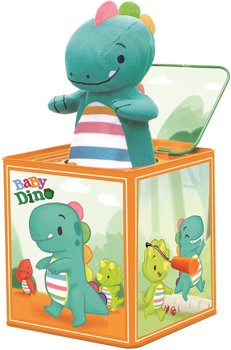 Baby Dino Jack In The Box This classic Dinosaur-themed musical toy will bring joy and delight to children for generations Turn the handle and it plays "Pop Goes the Weasel" until the cute, soft plush T-Rex pops out, delighting the child It's beautifully decorated with attractive and engaging "Prehistoric" Graphics that are sure to engage and entertain Sturdy metal construction ensures durable, long lasting play; box is 5.5? tall The perfect gift, baby shower, birthday present and addition to any toy chest, for ages 18 months +