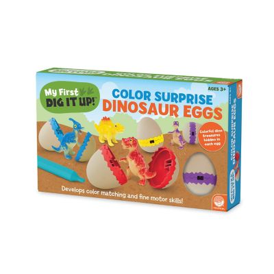 What a fun way to introduce young diggers to the joy of Dig It Up! discoveries! Explorers as young as 3 can use the included chisel to crack open each of the 8 color-coded eggs and discover the unique dinosaur treasures within. A great way to practice color recognition as children match up the 8 dinosaur figures with their coordinating egg, this activity has long-term play value as kids can replace the dinosaurs in their eggs and crack them open time and time again! Age Recommendation: Ages 3 and up