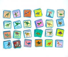Shiny Dinosaur Memory and Matching Game promotes memory and matching skills while teaching children about dinosaurs and how to pronounce their names! Twenty-four different dinosaur illustrations are depicted on sturdy tiles. Each tile shines with a foil embellishment and is color coordinated to aid in identifying each prehistoric animal. A great skill-building game that can be played alone or with others. This memory and matching game will delight children while they practice focus and engage their memory. Skills: Sharpens recognition, concentration, and memory skills. Age: 3+ Players: 1-4 Tile Size: 24 matching pairs, 2.25" x 2.25" Box dimension: 9.5" x 9.5" x 1.5" Illustrator: Monika Forsberg