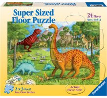 Discover super-sized fun with Stegosaurus, Triceratops, Brontosaurus, T-Rex and more with this Dinosaur Pals supersized 24-piece floor puzzle! This 24-piece puzzle has huge, durable pieces little hands can easily hold on to for lots of repeat fun! Clean-cut pieces and Ravensburger’s tight interlocking fit provide a pleasurable puzzling experience for children and their adult helpers alike. These puzzles are crafted with an exclusive, extra-thick cardboard backing along with superior, linen-structured paper, so the printed image is vibrant, crisp, and glare-free. Finished size is 36" x 24". 24 Pieces are 9" x 7" individually. Ages 3 and Up.