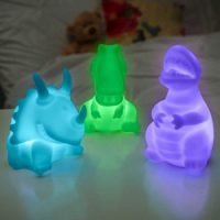 Set of three different dinosaur-themed night lights that morph through a variety of colours Use all three as a point of focus, or place them around the room in several locations Suitable for use as a night light Can be used as sensory lights to create a calming and relaxing environment Requires 9 x LR44 batteries (included)