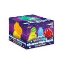 Set of three different dinosaur-themed night lights that morph through a variety of colours Use all three as a point of focus, or place them around the room in several locations Suitable for use as a night light Can be used as sensory lights to create a calming and relaxing environment Requires 9 x LR44 batteries (included)